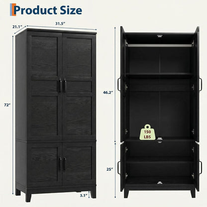 IDEALHOUSE Armoire Wardrobe Closet with 4 Doors, 72" Tall Wooden Clothing Wardrobe with Hanging Rod & DIY Adjustable Shelf, Heavy Duty Bedroom Armoire Storage Cabinet, Rustic Black