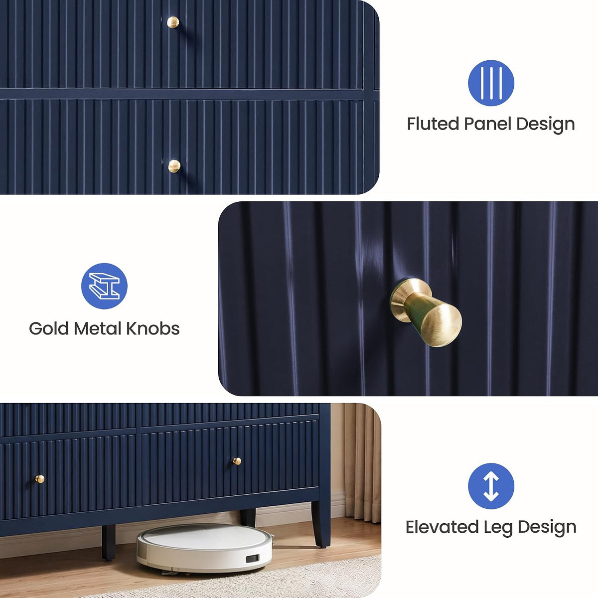 RoyalCraft 6 Drawer Dresser, Fluted Modern Wood Chest of Drawers, Long Dresser for Bedroom TV Stand Storage Cabinet for Living Room, Blue