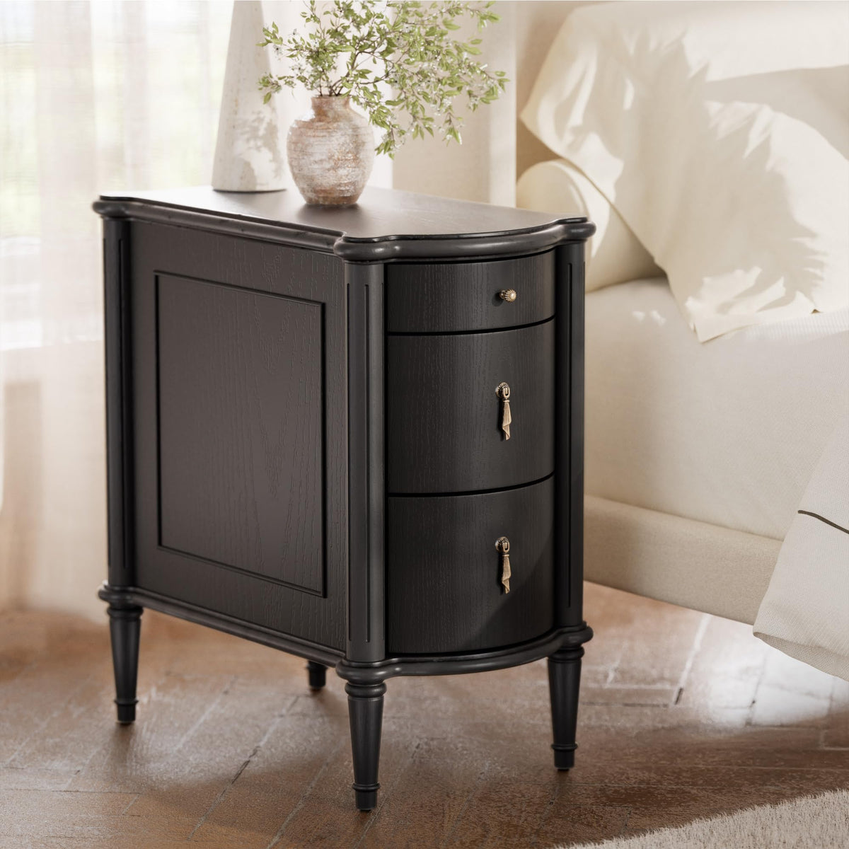 STO'SENSE Nightstand w/Charging Station & 3 Drawers, Pre-Assembled, Vintage Side Table w/Antique-Finished Pulls, Rustic Wood Finish, Narrow End Table w/Turned Legs for Bedroom (1, Ivory White)