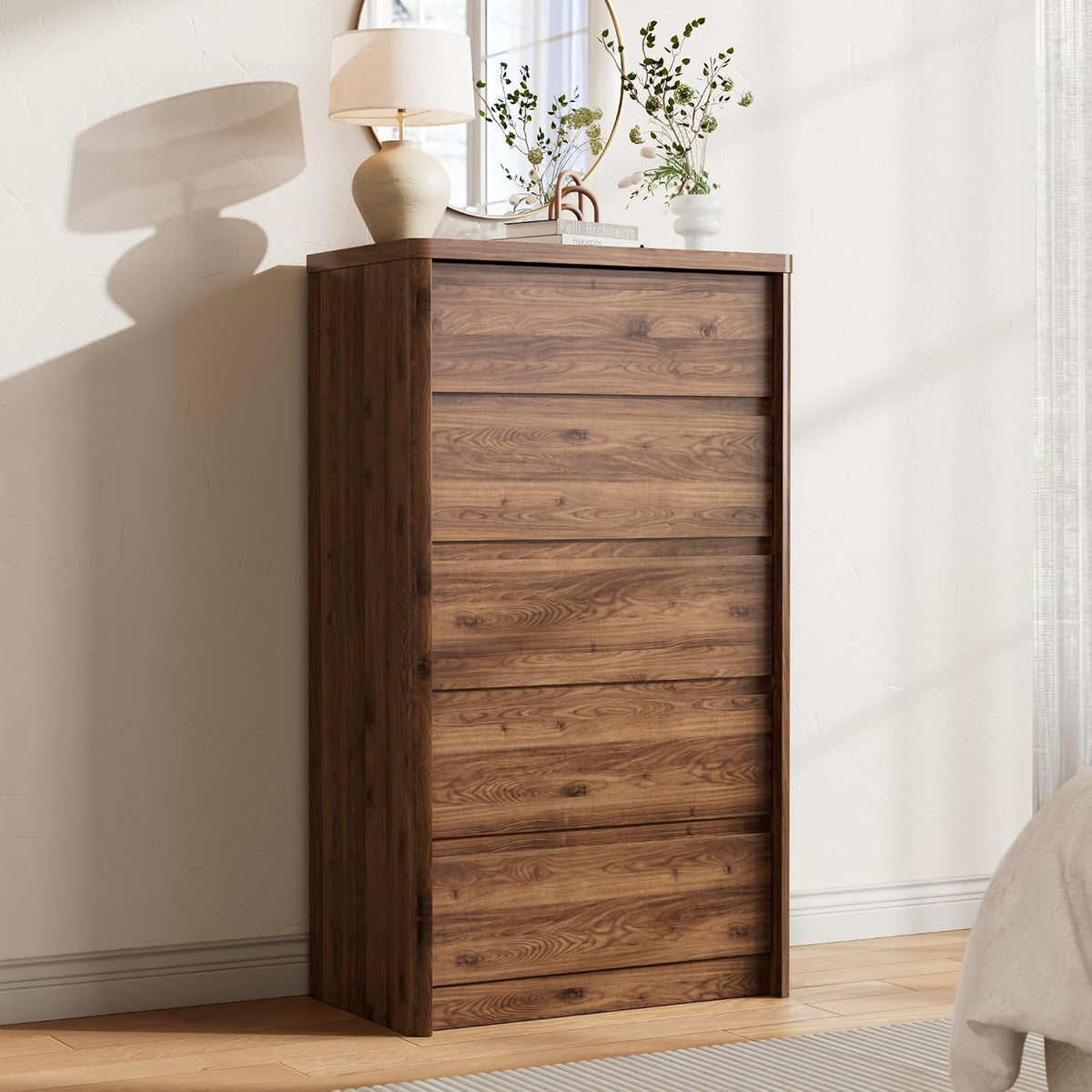 Walnut Dresser for Bedroom, 5 Drawer Dresser with Wood Legs, 47.2" Tall Wood Dresser, Mid Century Modern Chest of Drawers, Large Storage Bedroom Furniture, Walnut