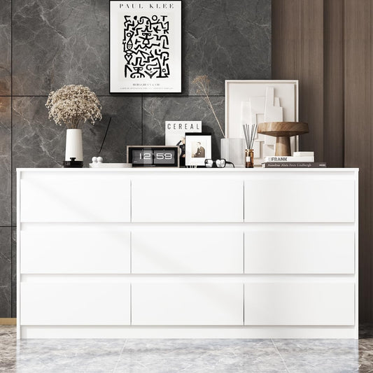 9 Drawer Dresser for Bedroom with Deep Drawers, Large Floor Wood Dressers & Chest of Drawers Handle Free, Modern White Long Dressers for Closet Living Room, Euro Slide (63"W x 15.7"D x 31.5"H)
