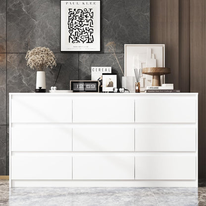 9 Drawer Dresser for Bedroom with Deep Drawers, Large Floor Wood Dressers & Chest of Drawers Handle Free, Modern White Long Dressers for Closet Living Room, Euro Slide (63"W x 15.7"D x 31.5"H)