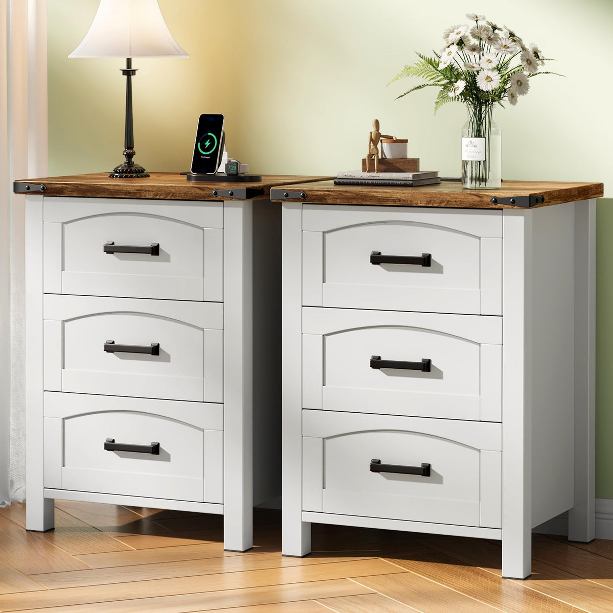 Decofy Farmhouse Nightstand Set of 2 with Charging Station, 2 Drawers