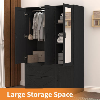 Black 3 Door Wardrobe Closet with Mirror, Bedroom Armoire Wardrobe Closet with Lights, 2 Drawers, Hanging Rod and Cabinet, Large Clothes Storage Organizer, 47.2 x 19.68 x 71.65 in