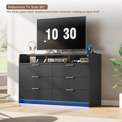 MapleGrace 53'' Wide 9 Drawer Dresser for Bedroom, Wood TV Stand Dresser with Power Outlets & LED Light, Chest of Drawers Closet Store Organizer for Living Room, Hallway, Black