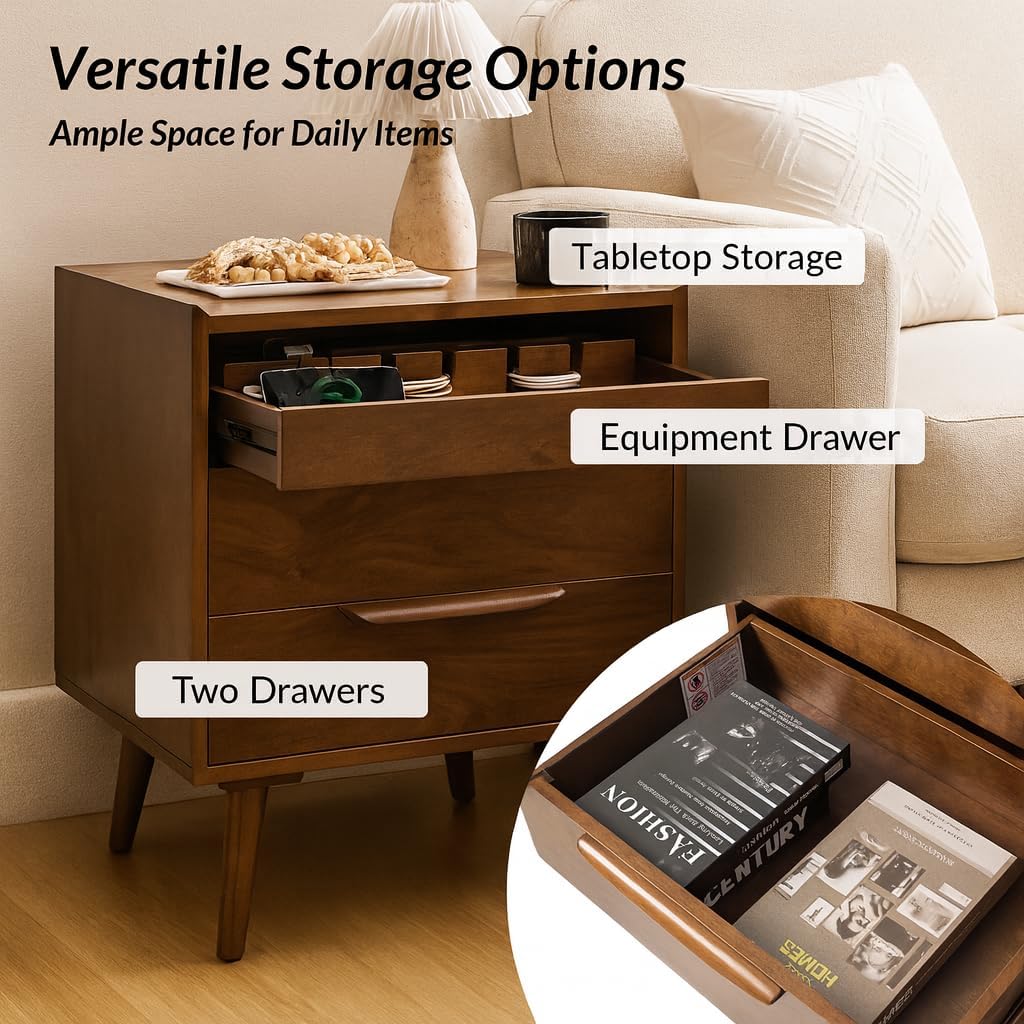 HULALA HOME 2-Drawer End Table with Charge Station, Set of 2 Walnut