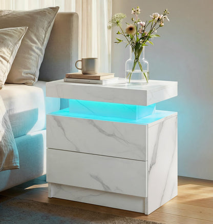 i-aplus Black Modern LED Nightstand Set of 2 with 2 Wood Drawer for Bedroom