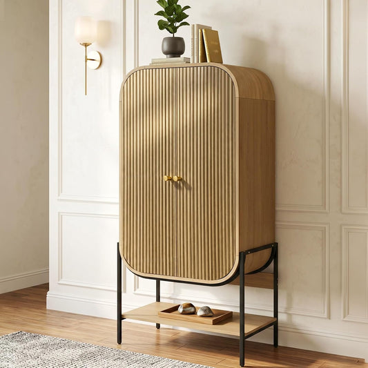 Arched Armoire Wardrobe Closet, Modern Wood Bedroom Clothing Storage Cabinet with Fluted Doors, 66" Tall Standing Closet with Hanging Rod, Natural