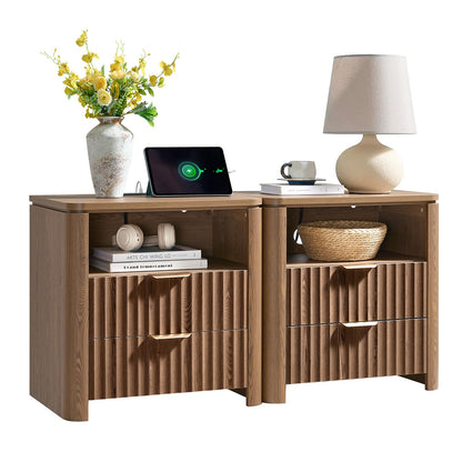 Fluted Nightstand Set of 2 with Charging Station, 23.7" Wide Modern End Table with 2 Drawers, Wooden Bedside Table for Bedroom, Curved Profile Design, Natural