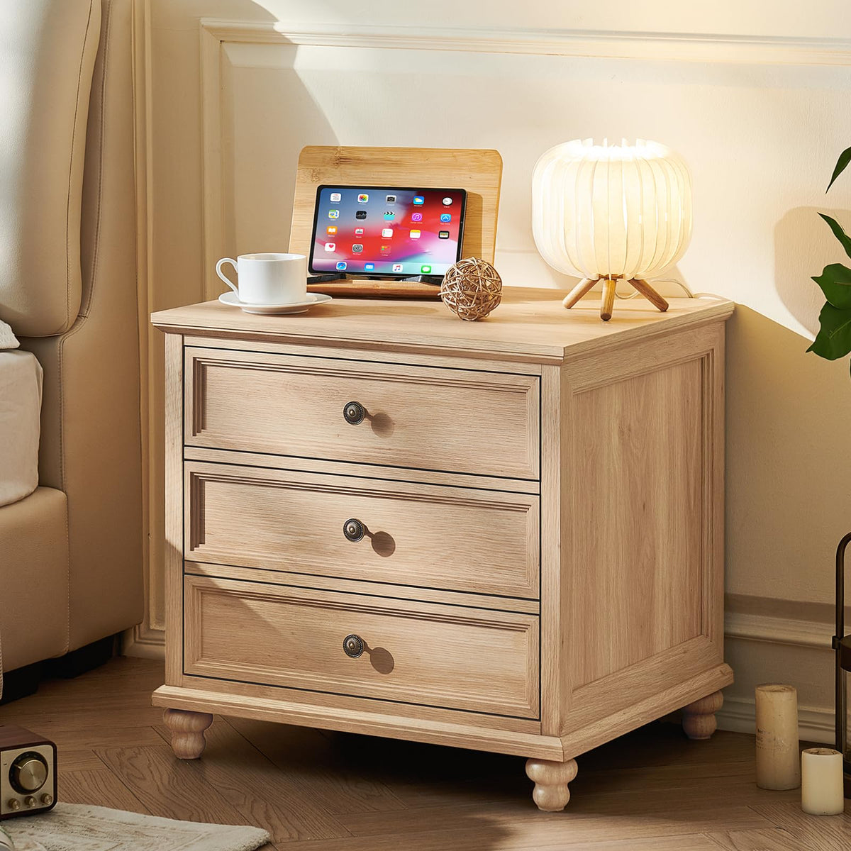 Joaxswe 24" Wide Farmhouse Night Stand Set of 2,Large End Table with 3 Drawers & Metal Handle,Wood Dresser for Bedroom,Bed Side Table Chest of Drawers Cabinet,Natural Nightstand for Living Room,Closet