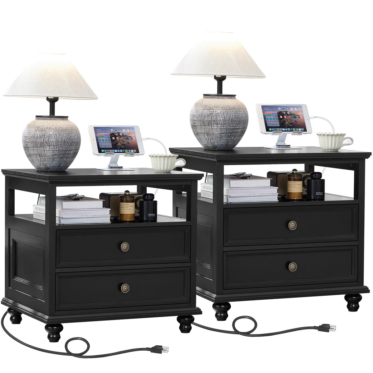 Joaxswe 24" Wide Farmhouse Night Stand Set of 2,Large End Table with 3 Drawers & Metal Handle,Wood Dresser for Bedroom,Bed Side Table Chest of Drawers Cabinet,Natural Nightstand for Living Room,Closet