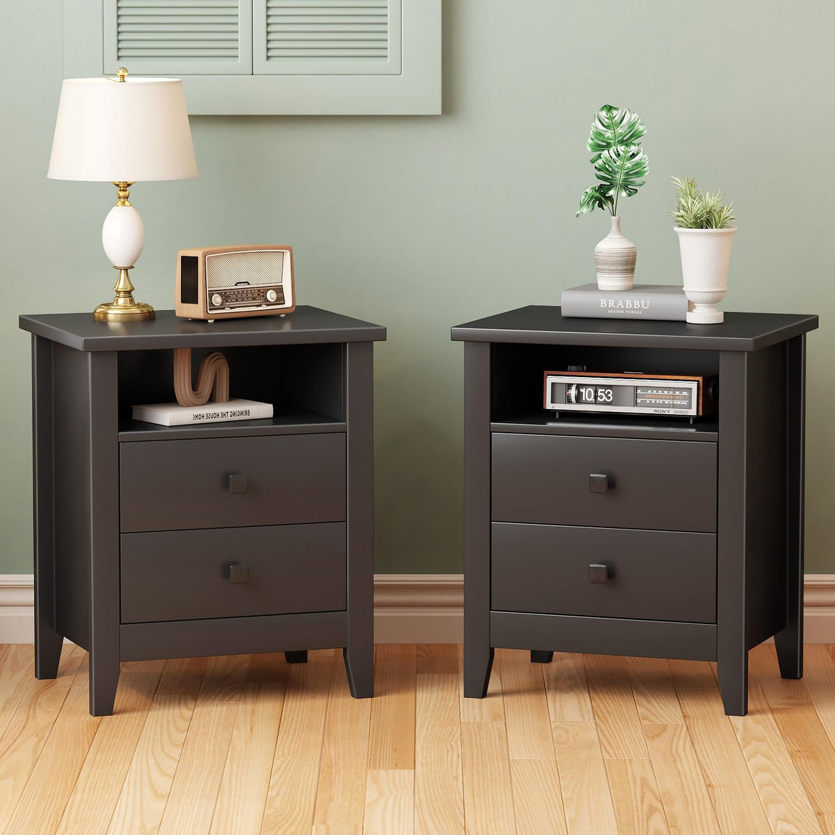 JSB Farmhouse Nightstand Set of 2 with 2 Drawers, Open Shelf for Bedroom