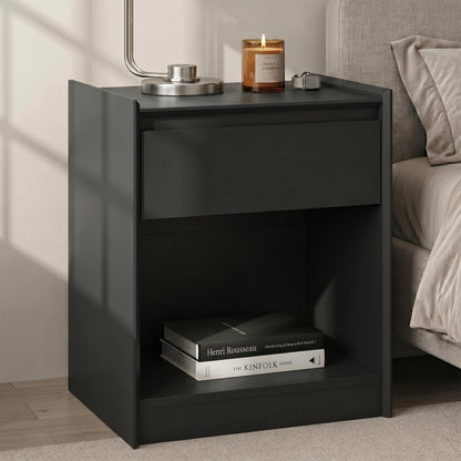 Black Nightstand with Charging Station, 24"H, 2 Drawers & Shelf