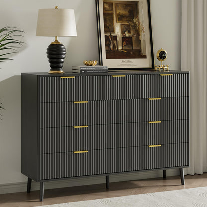 LYNSOM 55" Wide Fluted Dresser for Bedroom with 6 Drawer, Modern Chest of Drawers with Curved Profile Design and Metal Handles, Wood Dresser TV Stand & Storage Organizer for Living Room, Walnut