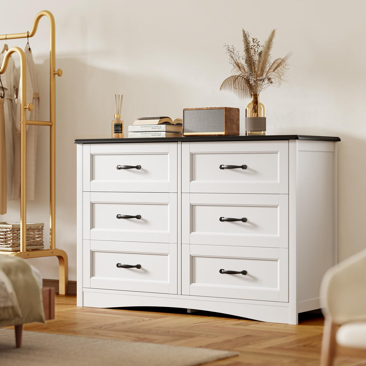 Gizoon 47" 6 Drawer Dresser, Black Wide Chest of Drawers for Bedroom