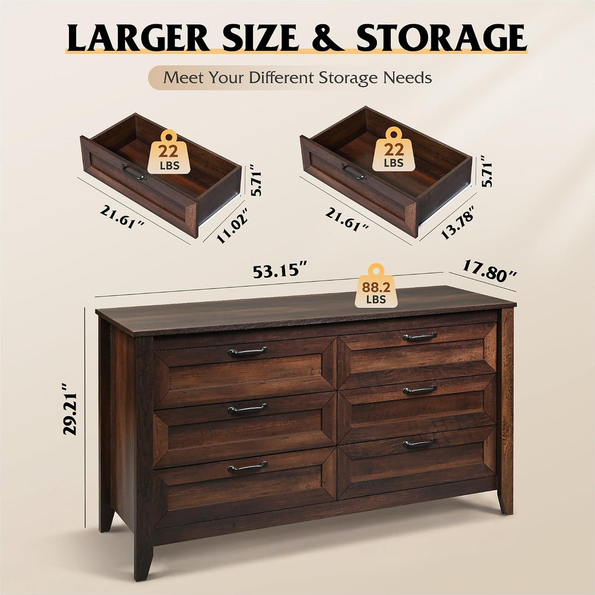 WLIVE 54" Dresser for Bedroom, Wooden 6 Drawer Dresser with Unique Anti-Tip Structure, Modern Chest of Drawers with Metal Handles for Living Room, Hallway, Closet, Home Furniture, Rustic Brown