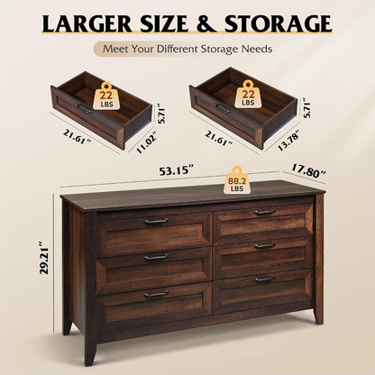 WLIVE 54" Dresser for Bedroom, Wooden 6 Drawer Dresser with Unique Anti-Tip Structure, Modern Chest of Drawers with Metal Handles for Living Room, Hallway, Closet, Home Furniture, Rustic Brown