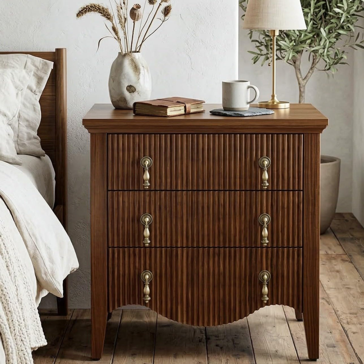 FUSUNBAO 5-Drawer 47" Tall Fluted Dresser, Vertical Chest of Drawers,Walnut