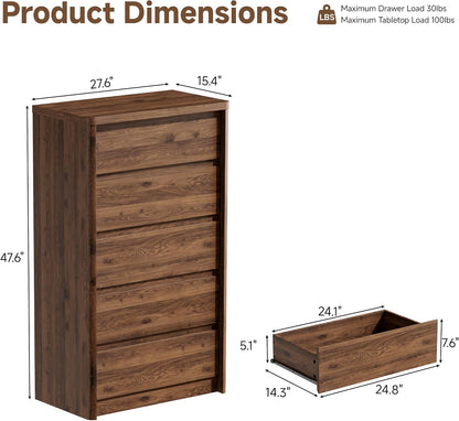 Walnut Dresser for Bedroom, 5 Drawer Dresser with Wood Legs, 47.2" Tall Wood Dresser, Mid Century Modern Chest of Drawers, Large Storage Bedroom Furniture, Walnut