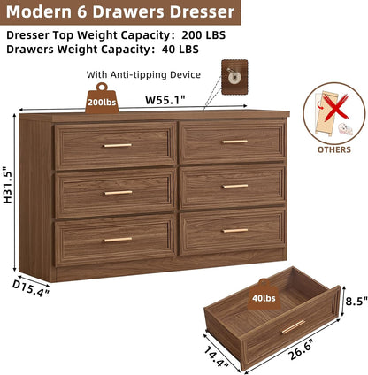 RWYHG 55.1" Wide Farmhouse 6 Drawers Dresser for Bedroom, Light Walnut