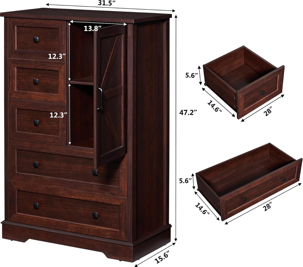 SOOWERY Farmhouse Dresser for Bedroom, Tall Chest of Drawers, Dark Cherry