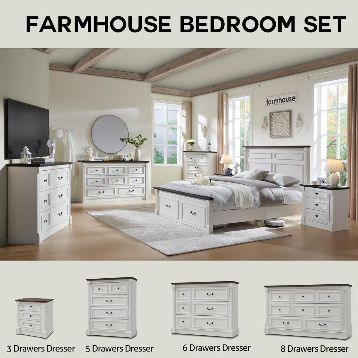 Aitjunz Farmhouse 46" Tall 5 Drawers Dresser for Bedroom, Antique White