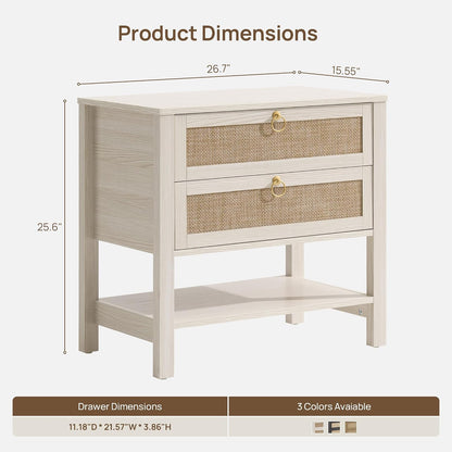 SICOTAS White Rattan Nightstand Set of 2, Wide Bedside Table with 2 Drawers