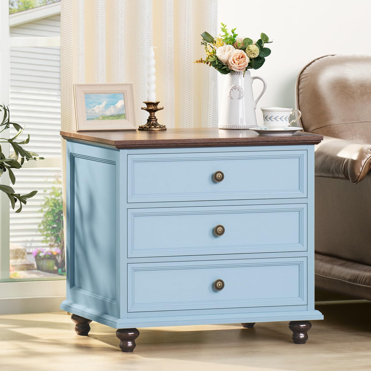 Joaxswe 24" Wide Farmhouse Night Stand Set of 2,Large End Table with 3 Drawers & Metal Handle,Wood Dresser for Bedroom,Bed Side Table Chest of Drawers Cabinet,Natural Nightstand for Living Room,Closet