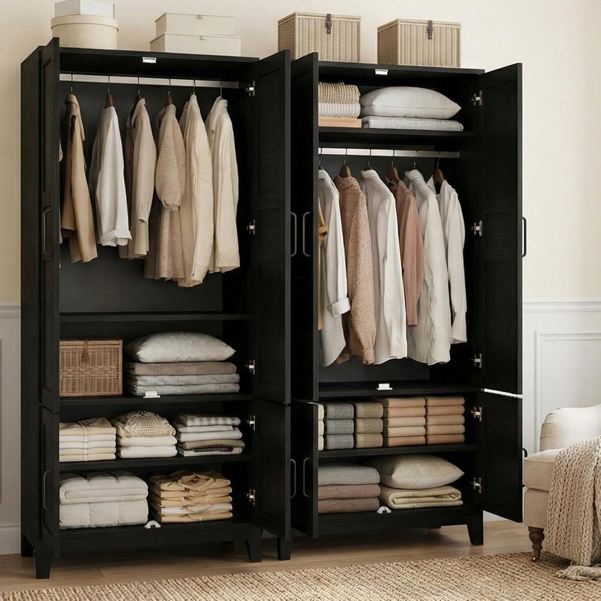 IDEALHOUSE Armoire Wardrobe Closet with 4 Doors, 72" Tall Wooden Clothing Wardrobe with Hanging Rod & DIY Adjustable Shelf, Heavy Duty Bedroom Armoire Storage Cabinet, Rustic Black