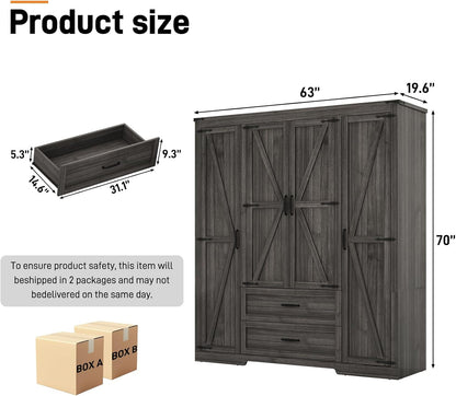 St.Mandyu Farmhouse Wardrobe Armoire Closet with 4 Doors and 2 Drawers, 70.1" Wooden Clothing Storage Cabinet, Freestanding Large Capacity Storage Wardrobe Armoire with Hanging Rod for Bedroom, Grey