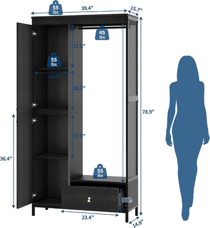 TrailBlaze Spacious Storage Solution Armoire Wardrobe Closet – Modern Wood & Metal Frame, Hanging Rod, Drawer, Large Compartment – Freestanding Bedroom Organizer for Clothes, Bedding, Luggage – Black