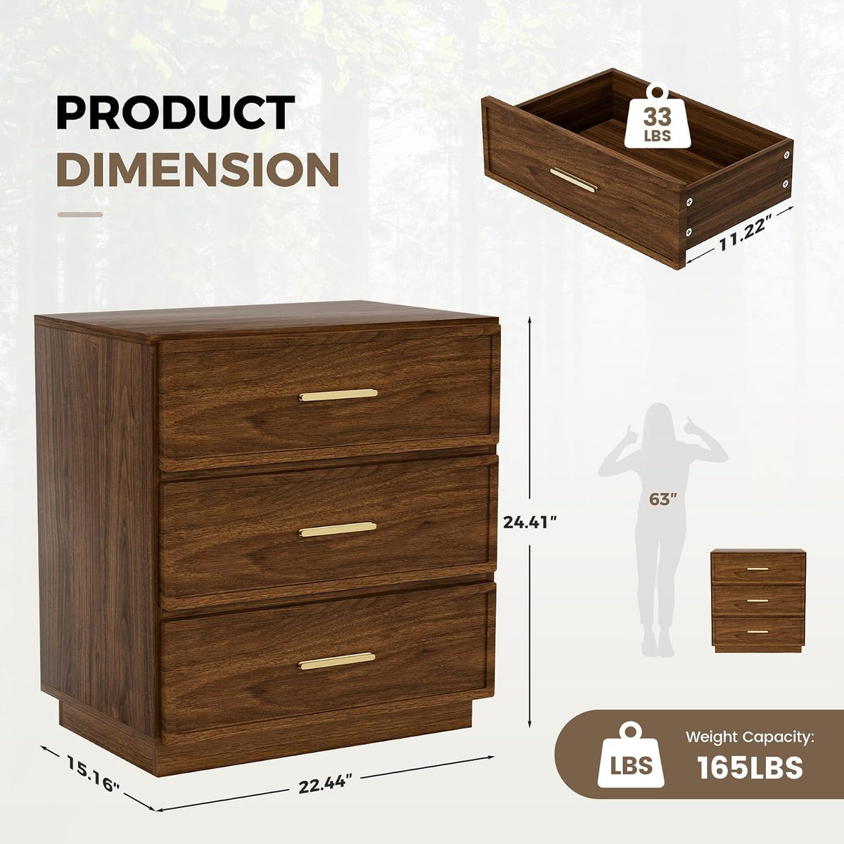 Nightstand Set of 2 Tall Bedside Table with 3 Drawers, Walnut