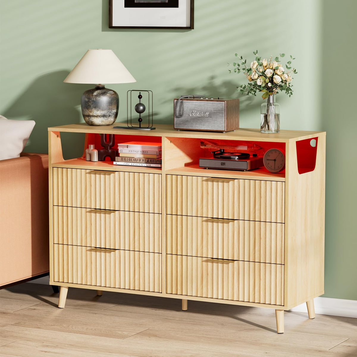 VINGLI Fluted Tall Dresser 5 Drawer, 23.66" W Chest of Drawers, Walnut Wood Dresser for Bedroom Mid Century Modern with Rounded Edge, 23.66" W*15.59" D*44.88" H