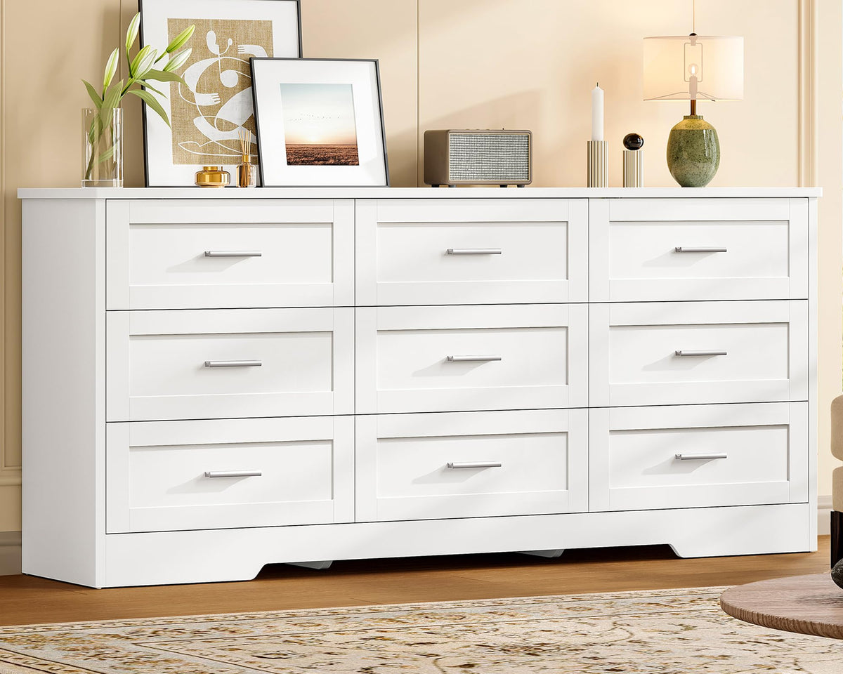 TEENFON 57.1"W White Dresser for Bedroom, Modern 9 Drawer Dresser with Metal Handles, Wood Dressers & Chest of Drawers, Wooden Closet Clothes Storage Organizer for Bedroom, Living Room, Hallway, White