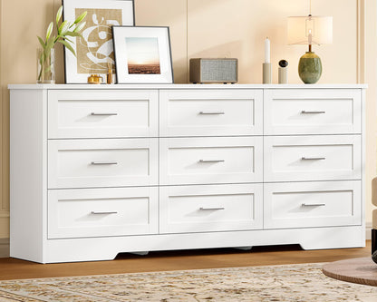 TEENFON 57.1"W White Dresser for Bedroom, Modern 9 Drawer Dresser with Metal Handles, Wood Dressers & Chest of Drawers, Wooden Closet Clothes Storage Organizer for Bedroom, Living Room, Hallway, White