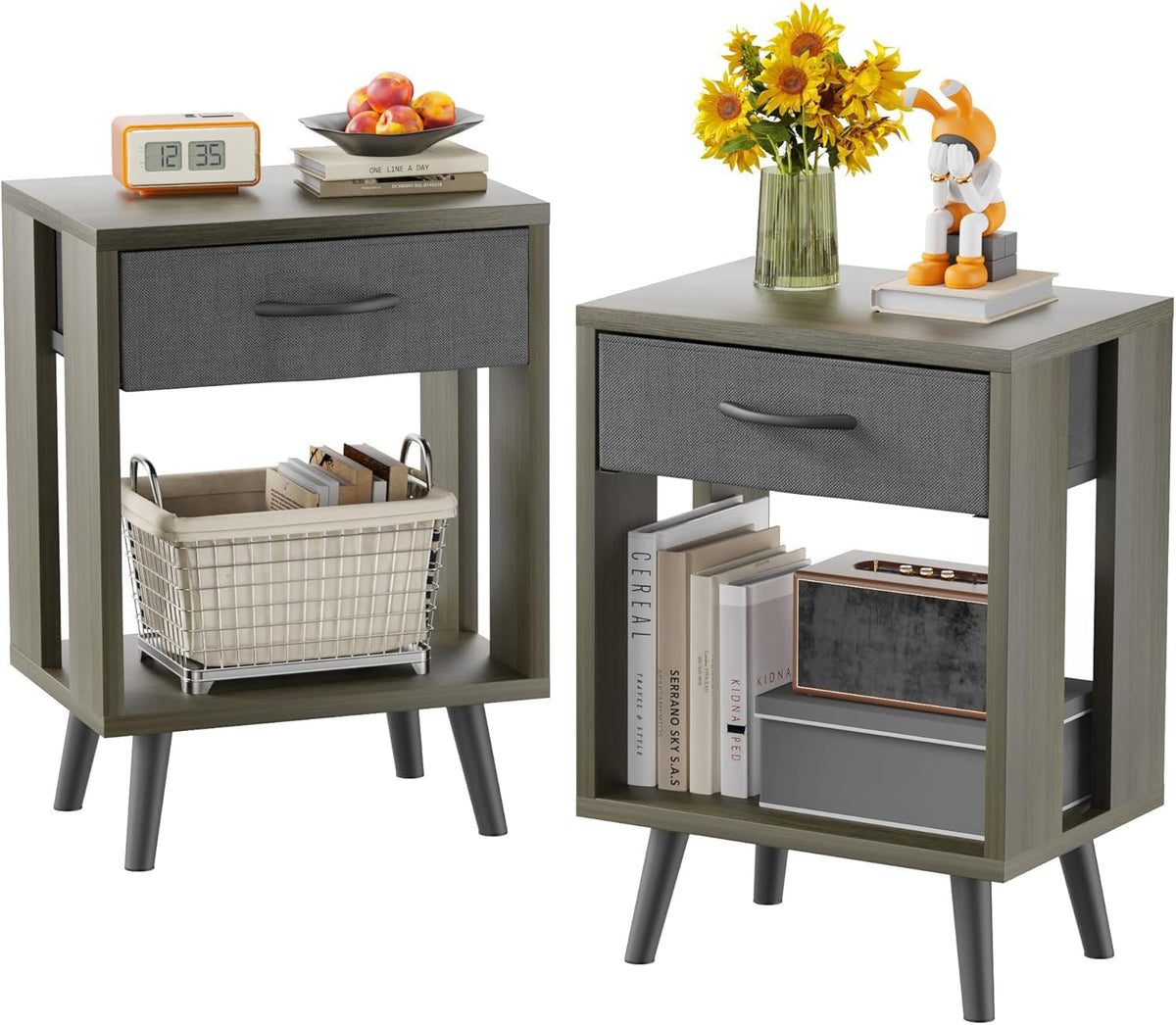GYIIYUO 24" H Nightstands Set of 2 with Fabric Drawer, Dark Rustic Brown