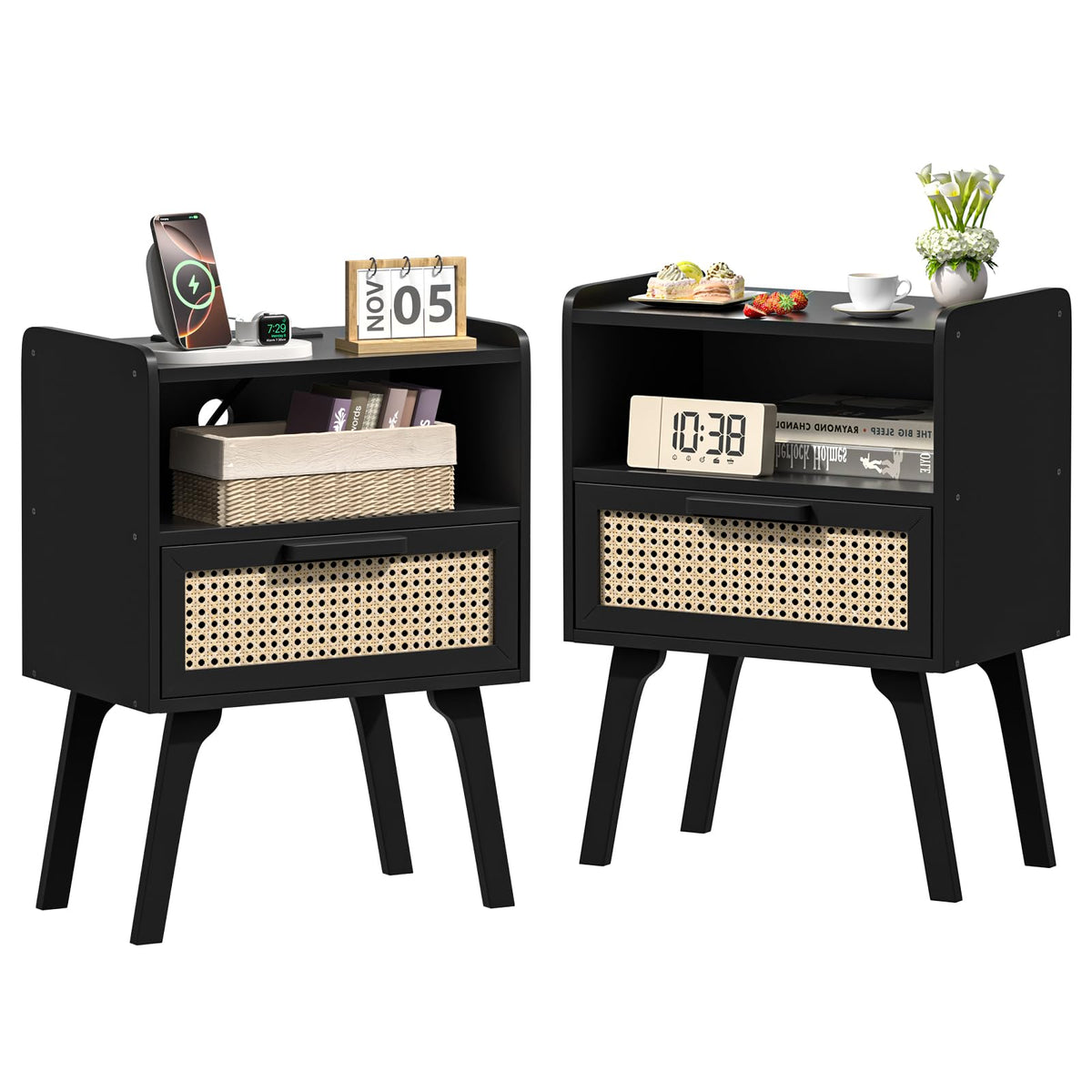 Lerliuo Rattan Nightstand, Boho Side Table with Drawer Open Shelf