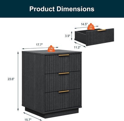 RoyalCraft Black Fluted Nightstand Set of 2, Modern Bedside Table with 3 Large Storage Drawers, Wood End Table with Metal Handle for Bedroom, Black