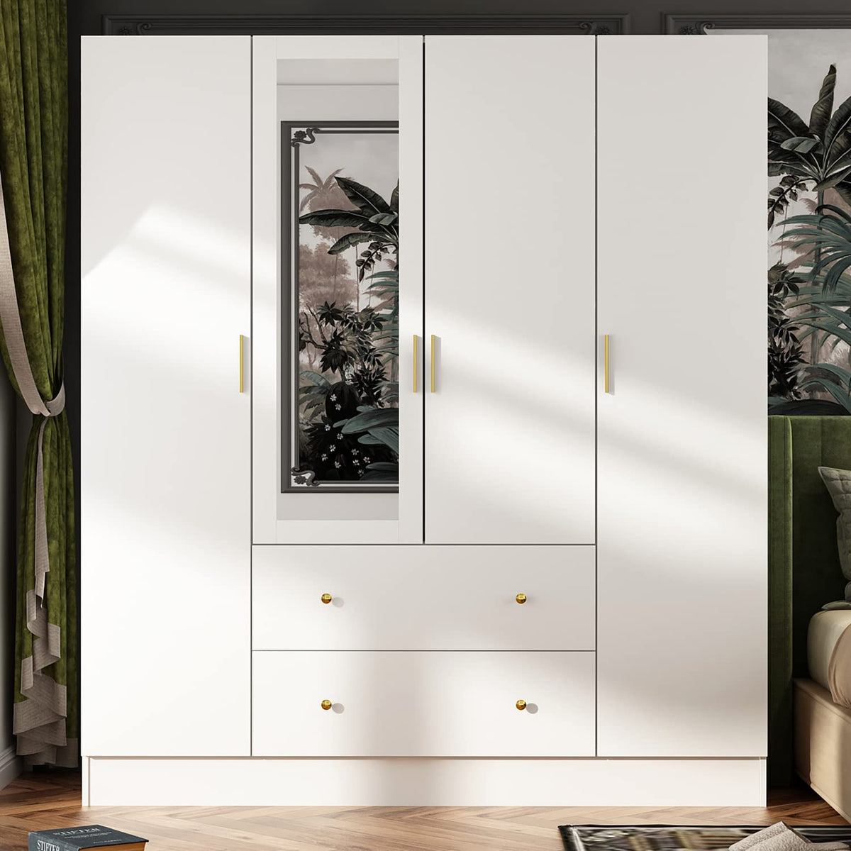 AGOTENI Large Bedroom Wardrobe Closet with 1 Mirror & 2 Drawers, 70.9" H Tall Armoire Clothes Closet with Doors and Shelves, Hanging Rod, Dark Brown