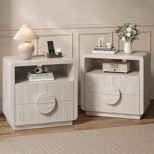 23" Wide Fluted Nightstands Set of 2, Mid Century Bedside Tables with Charging Station, Wood End Table with 2 Drawers and Open Shelf for Bedroom, Home Office, Gray Oak