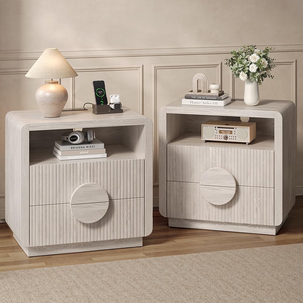 23" Wide Fluted Nightstands Set of 2, Mid Century Bedside Tables with Charging Station, Wood End Table with 2 Drawers and Open Shelf for Bedroom, Home Office, Gray Oak