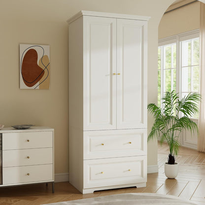 White Armoire Wardrobe Closet with 2 Drawers, 74" Tall x 31.5" Wide
