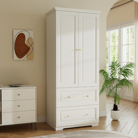 White Armoire Wardrobe Closet with 2 Drawers, 74" Tall x 31.5" Wide