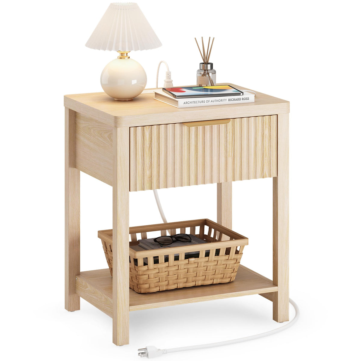 Night Stand Set 2, Fluted Wood Nightstands w/Charging Station for Bedroom