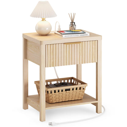 Night Stand Set 2, Fluted Wood Nightstands w/Charging Station for Bedroom