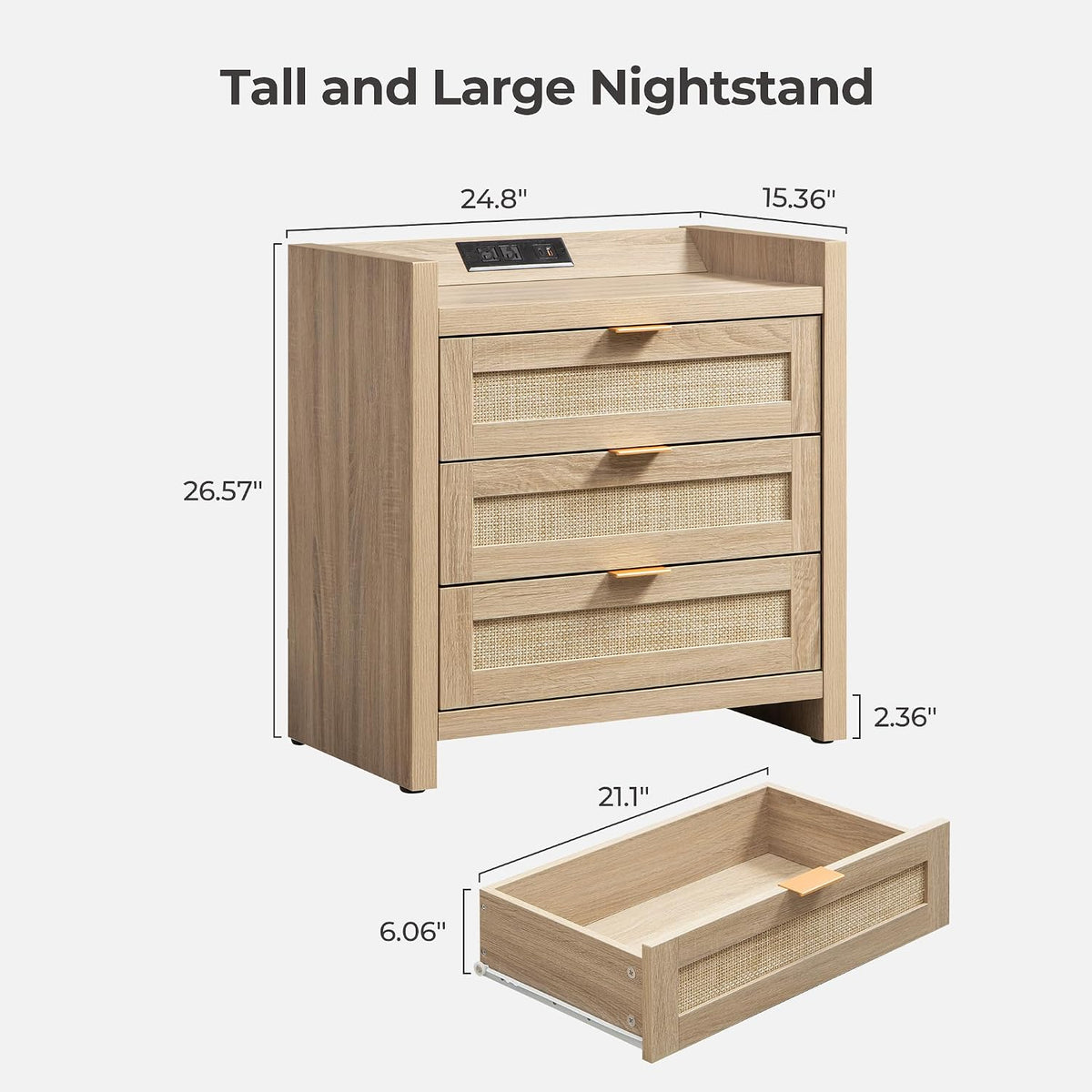 SICOTAS Rattan Nightstands Set of 2, Tall Bedside Table with 3 Drawers