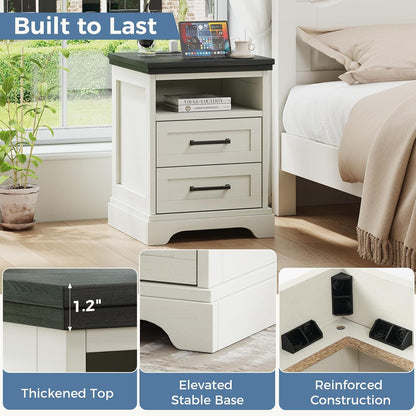 DUMOS Farmhouse Nightstand with Charging Station & USB Ports