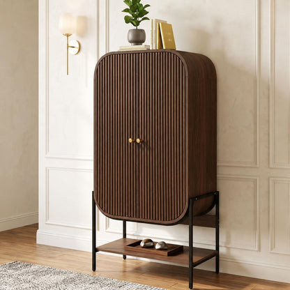 Arched Armoire Wardrobe Closet, Modern Wood Bedroom Clothing Storage Cabinet with Fluted Doors, 66" Tall Standing Closet with Hanging Rod, Natural