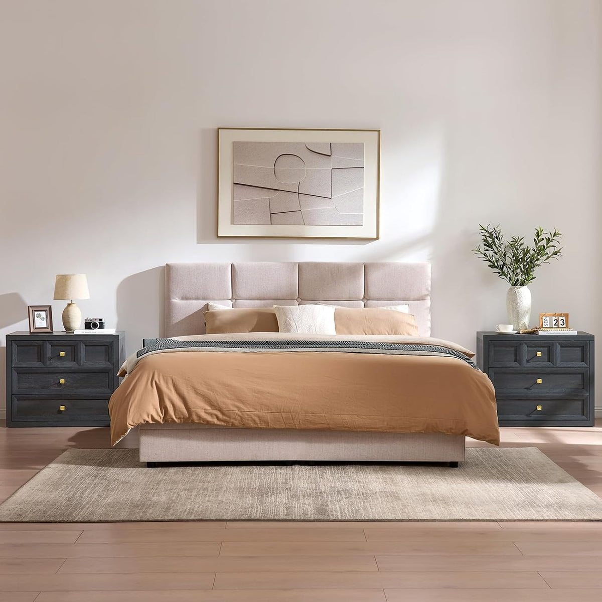 Night Stand Large W/Charging Station, 30.7" W Oversized Nightstands Tall Bedside Table with 3 Drawers, Accent End Table W/Large Storage, Modern Wood End Table for Bedroom, Office