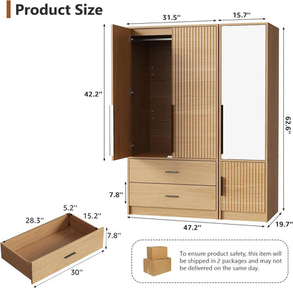 62.6"H Wooden Armoire Wardrobe Closet with Fluted Doors and Drawer, Natural
